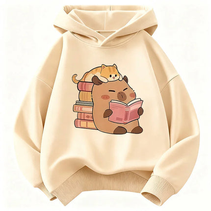 Cute Cat with Capybara Reading Book Hoodies Children's Sweatshirt Hoody for Boys Girls Spring  Casual Hoodie
