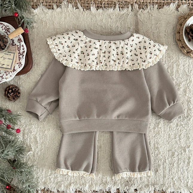 Spring Fall 1-3 Years Baby Girl Outfit Warm Ribbed Fabric Khaki Sweatshirt + Pant Set Lace Trim Casual Toddler Clothes