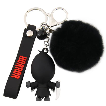 1pcs Creepy-Cute Horror Ghost Keychains With Black Fur Ball & Gothic Charm - Spooky Kawaii Keyring For Halloween Accessories