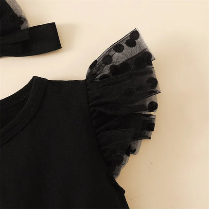 0-18months Baby Girls Romper Dress Dot Fly Sleeve Black Mesh Skirts Hem Jumpsuits For Infant Girl Summer Bodysuits With Headband