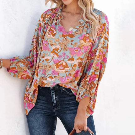 Plus Size Women's Shirt, Flower Print V-Neck Long Sleeves, Ruffled Collar Basic Style, Casual Vacation Lightweight Top