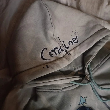 Coraline Graphic Print Grey Zip Up Hoodie Star Pattern Hand Painted Oversized Soft Streetwear Y2K Retro for Women Daily Wear