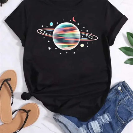 Women Moon Planet Print Fashion Tee Shirts Casual Round Neck Short Sleeve Streetwear Female T-Shirt Vintage Tops