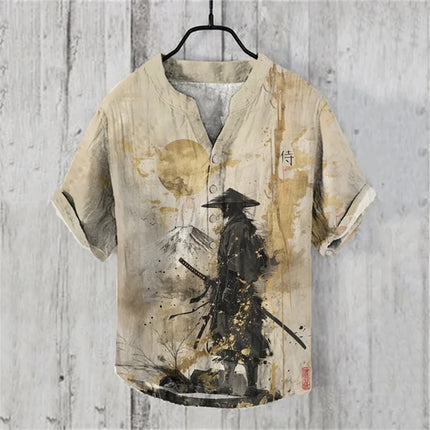 Men's Short Sleeve POLO Shirt Blended Printed Japanese Retro Cat Samurai Casual Large Size Men's Top 5XL