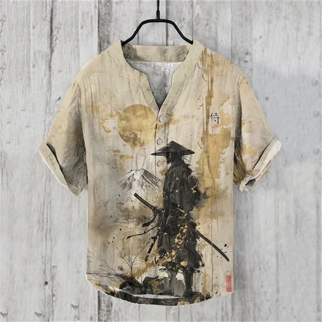 Men's Short Sleeve POLO Shirt Blended Printed Japanese Retro Cat Samurai Casual Large Size Men's Top 5XL