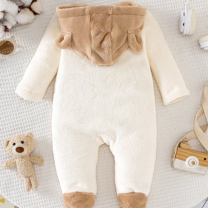 Autumn Winter Baby Bear Onesie with Hat Soft Plush Fabric Warm Cute Heated Footed Suit with Head Protection Bear Ear Design Infa