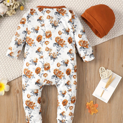 Baby girl Bodysuit open button floral full print long sleeved Bodysuit+Hat 0-24 months newborn Baby girl spring autumn Bodysuit
