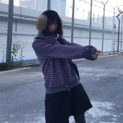 Japan Retro Harajuku Spring Autumn Y2K Purple Striped Cardigan Casual Street Women Coat Harajuku Punk Zipper Loose Sweatshirt