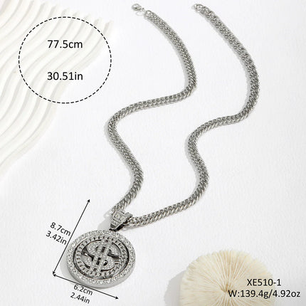 A Trendy Dollar Pendant Necklace with a Unique Style, Featuring a Diamond-Encrusted Dollar Cuban Chain