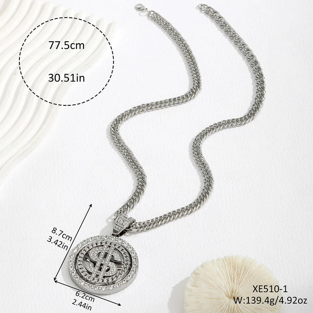 A Trendy Dollar Pendant Necklace with a Unique Style, Featuring a Diamond-Encrusted Dollar Cuban Chain