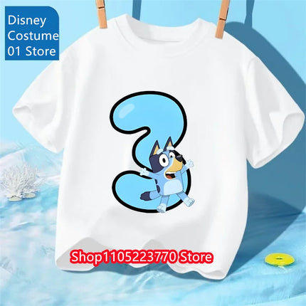 Kids Bluey 2-4 Birthday Number T-Shirt Autumn Winter Cartoon Printed Short Sleeve Tee for Boys Girls