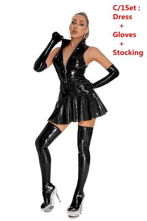 Women Sexy Glossy PVC Leather Slip Dress Lady Erotic Shaping Pleated Short Dress Zipper Porn Breast Exposing Latex Mini Dress