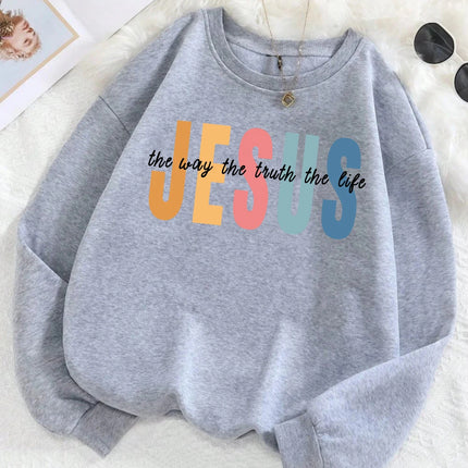 Jesus Color Letter Creative Print Women Sweatshirt Soft Fleece Pullover All-Match Y2K Loose Clothes Autumn Casual Streetwear