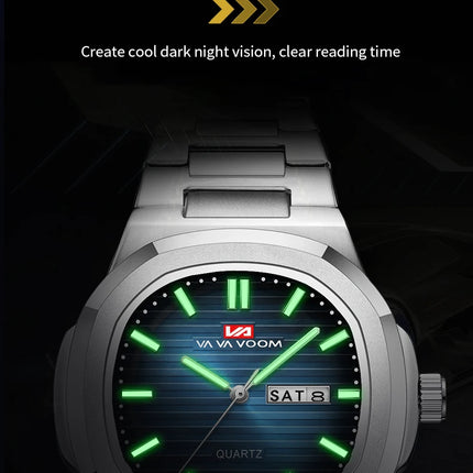 VA VA VOOM Square Luxury Men Wristwatch Waterproof Luminous Date Stainless Steel Male Clock Business Sports Quartz Watch for Men