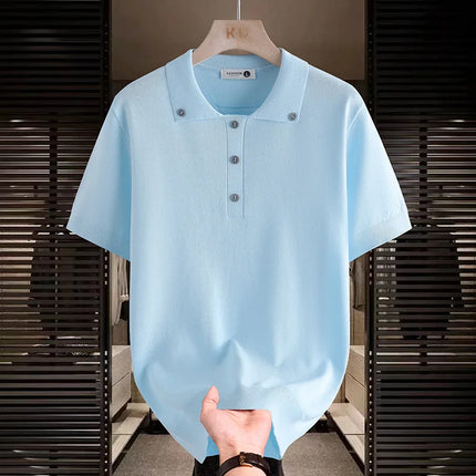 Men's Button Down Collar Knit Polo Shirt Short Sleeve Solid Color Casual Summer Tops Lightweight Business Tee