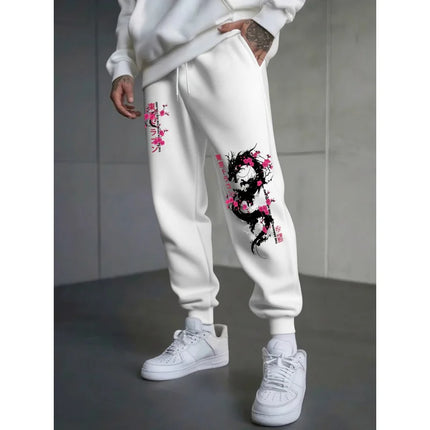 Japanese-Style Dragon And Cherry Blossom Print Autumn And Winter Men'S Fleece-Lined Casual Pants