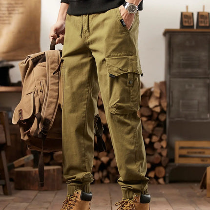 Men Tactical Cargo Joggers Multi Button Pocket Drawstring Waist Pants Vintage Military Outdoor Work Streetwear Casual Trousers