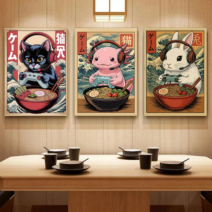 Japan Ukiyo-E Style Fun Game Animal Ramen Posters Art Print Mexican Axolotl Game Cat Ferret Canvas Painting Game Room Home Decor