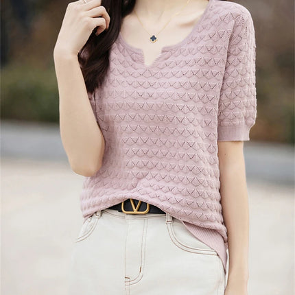Women's T-shirt Summer New 100% Pure Cotton Tees Casual Solid Knitted Short sleeved V-neck Pullover Loose Tops Fashion Sweater