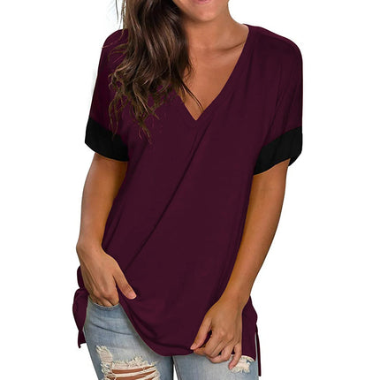 2024 Europe and the United States Spring and Summer Cross-Border New Women's Basic Solid Color V-Neck Short-Sleeve Stitching