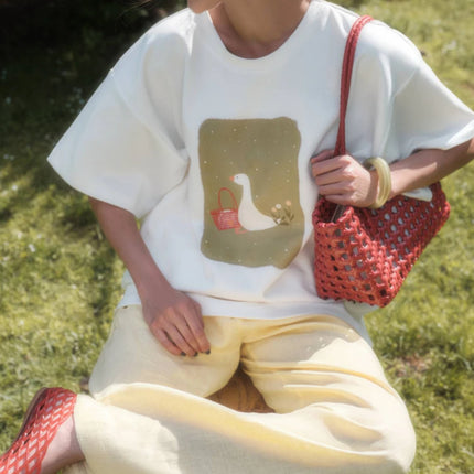 Sumuyoo Cotton Women's Fashionable Printed T-shirt Casual Vintage Fashion Hip Hop Loose Top 230g/m³ Printing Short Sleeve