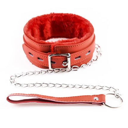 Faux Leather Plush Neck Choker Furry Collar with Metal Chain Drag Leash Lockable Harness BDSM Bondage Restraints  Sex Toys