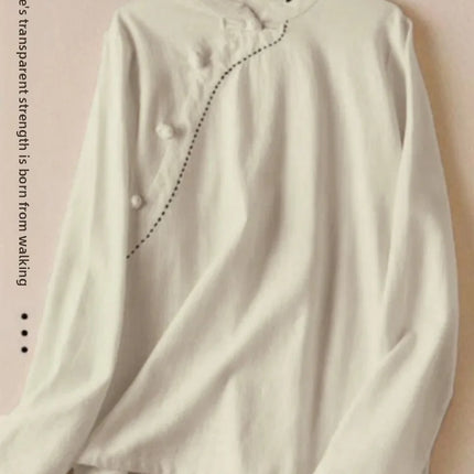 Retro Artistic Women's Long Sleeve Cotton Linen Loose Slim Fit Shirt Stand Collar Side Button Geometric Pattern Elegant Style