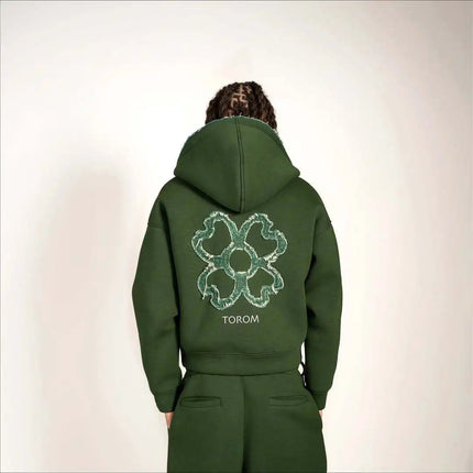 New 2026 Fashion Olive Green Embroidered Zipper Hoodie & Pants Set, Men's Street Style Fashion Loose Casual 2-Piece Sportswear