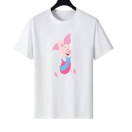 Disney Pooh Bear Piglet Pattern Woman Round Neck Loose Parent-child Clothing Tops Ladies Comfort Short Sleeves T-Shirt Blouses