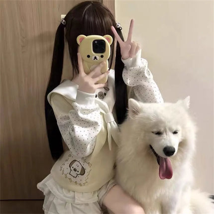 Japanese Kawaii Cartoon Dog Print Hoodies Women Sweet Sailor Collar Loose Sweatshirt Y2k Aesthetic Polka Dot Lolita Hoody Tops