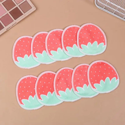 〔HBA16〕 10 Pcs Makeup Remover Pads Washable Double-Layer Strawberry Print Cleaning Cotton Reusable Facial Make Up Removal Pads
