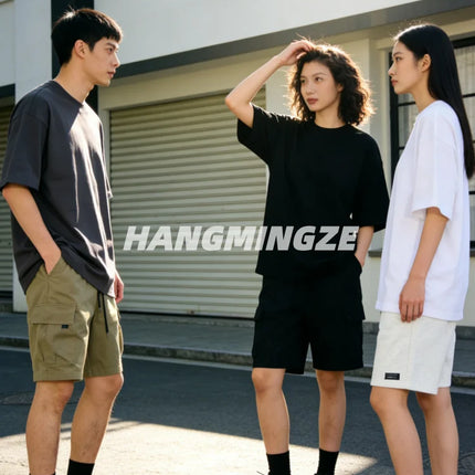 Summer Oversize T-shirts 230GSM Cotton Couple T-Shirt Streetwear Short Sleeves Tee Shirt Solid Color Men Casual Loose Basic Tops