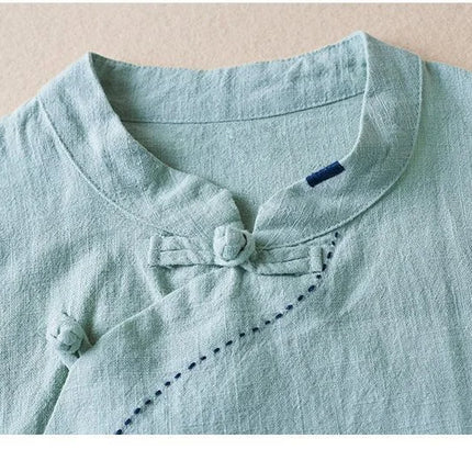 Retro Artistic Women's Long Sleeve Cotton Linen Loose Slim Fit Shirt Stand Collar Side Button Geometric Pattern Elegant Style
