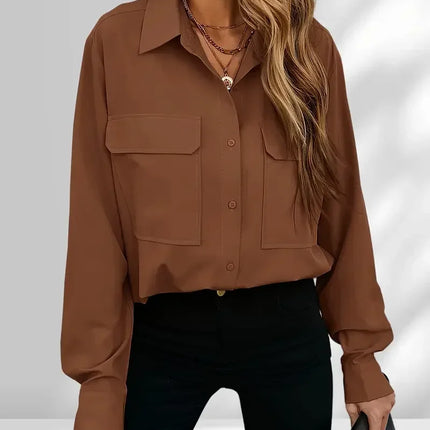 Plus Size 1Xl-5XL Women's Fashion Blouse Women's Solid Button Up Long Sleeve Turn Down Collar Blouse Pockets