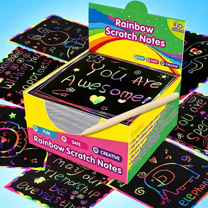50/100 Rainbow Scratch Art Notes - Magic Scratch Paper Note Cards Handmade DIY Party Favors Suitable for Birthday, Halloween, Christmas Stocking Stuffers, Gift Boxes, Thanksgiving, and New Year Gifts