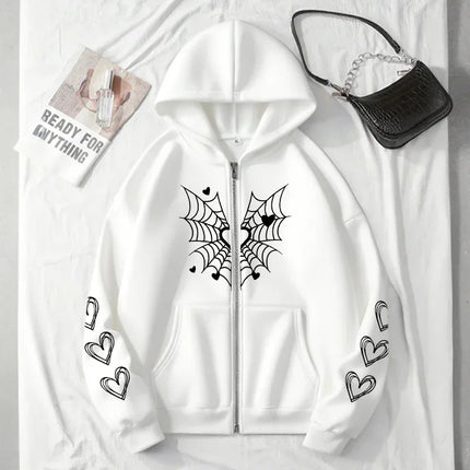2025 Hot Sale Women's Hoodie Cute Spider Web Heart Print Zip-up Sweatshirt All Season Female Urban Casual Fashion Hooded Jackets