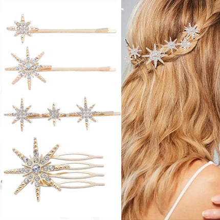 4PC Wedding Barrettes Set Bride Star Hair Clip Pins Metal Hair Comb Bridal Barrettes Rhinestones Hair Clip Hair Accessories