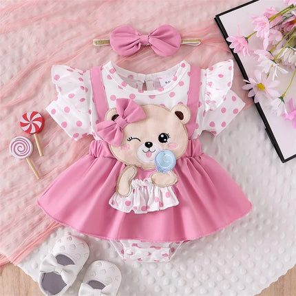 Pudcoco Baby Girls 2Pcs Summer Outfits Short Sleeve bear Embroidery Romper with Headband Set Newborn Clothes 0-18M