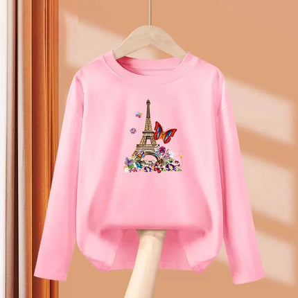2024 New Flamingo Long-Sleeved T-shirt for Little Girls in Autumn, Round Neck Cotton Tops, Children's Fashion Tees, Ages 3-14