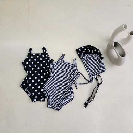 2024 New Baby Kid's One-piece Swimwear With Hat Toddler Girl's Dot Floral Suspenders Swimming Suit Summer Beach Wear