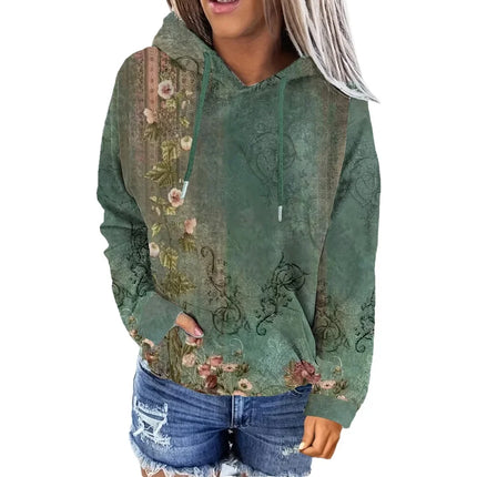 Women's Casual Fashion Round Neck Pullover Sweatshirt Western Ethnic Style Retro Printed Sweatshirt Hoodies