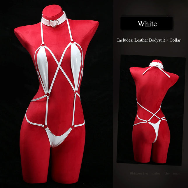 Sexy Lingerie Bodysuits Erotic Crotchless Leather Jumpsuit Nightgown Porn Sexy Underwear Costumes Lingerie Leashes Bundle Set