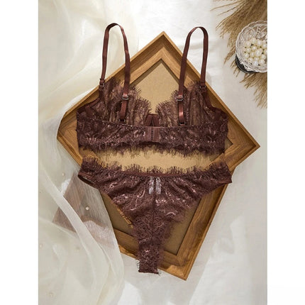 Ladies' Basic Style Thin Lace Bra and Panty Set Seamless Single Layer Eyelet Underwear Comfortable Intimate Apparel