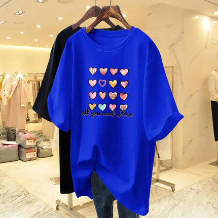 Summer Fashion Hand-Painted Love Printing Basic T-shirt Women Cotton Casual Loose O-neck Short Sleeve Top Tee 40-105Kg Pullovers