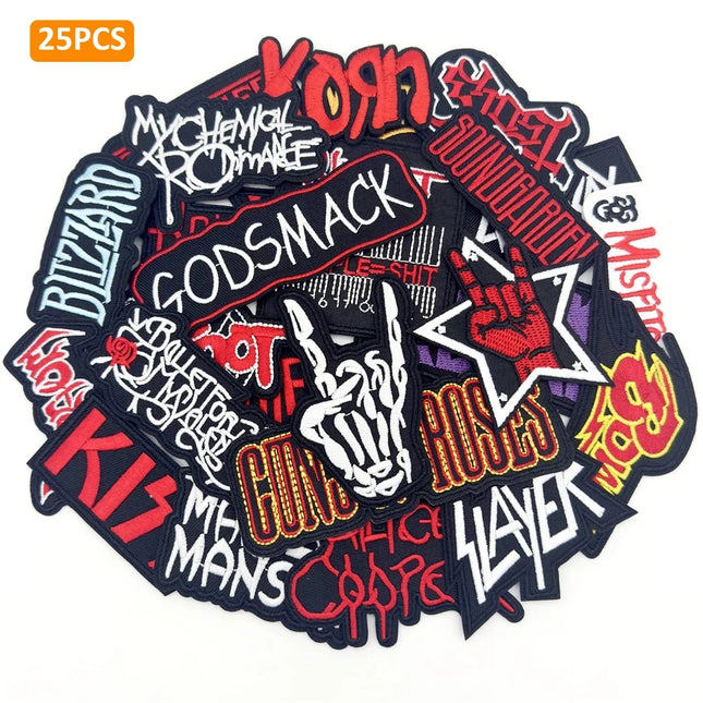 25PCS/Lot Rock Band Patches for Clothing Embroidery Stripes Iron on Patches Music Badges DIY Clothes Stickers Sewing Vest Jacket