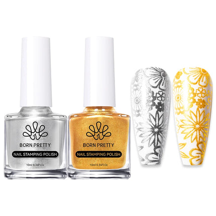 BORN PRETTY 2Pcs/Set 10ML Black White Nail Stamping Polish Varnish Gold Silver for Nail Art Plates Stamp Oil Stamping Series