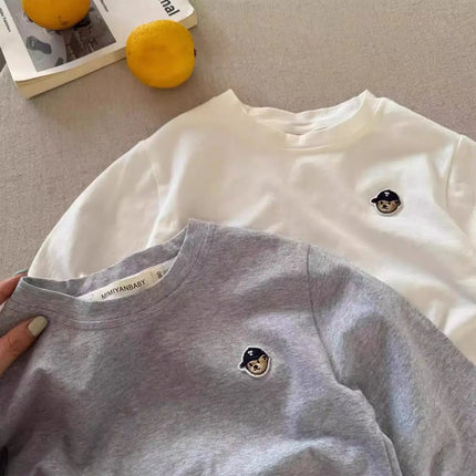 Children's Long Sleeved T-Shirt, Pure Cotton Breathable Base Shirt, Spring Boys and Girls Cartoon Teddy Bear Striped Base Shirt