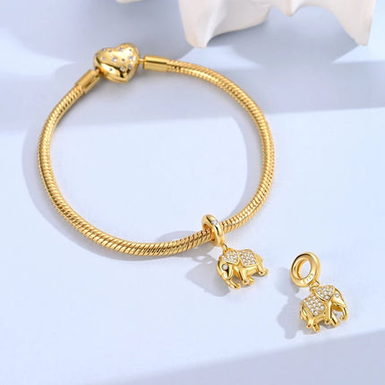 Original 925 Sterling Silver Charms Bead Gold Elephant Pendant Fit Original Bracelet Necklace For Women DIY Jewelry Gift