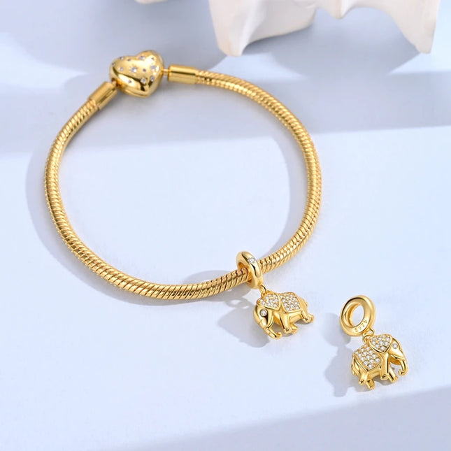Original 925 Sterling Silver Charms Bead Gold Elephant Pendant Fit Original Bracelet Necklace For Women DIY Jewelry Gift