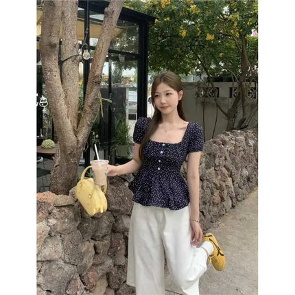 Summer Slim Fit Women's Shirt Large Size Polka Dot Square Collar Short Sleeve Back Gathered Waist Cinching Casual Top